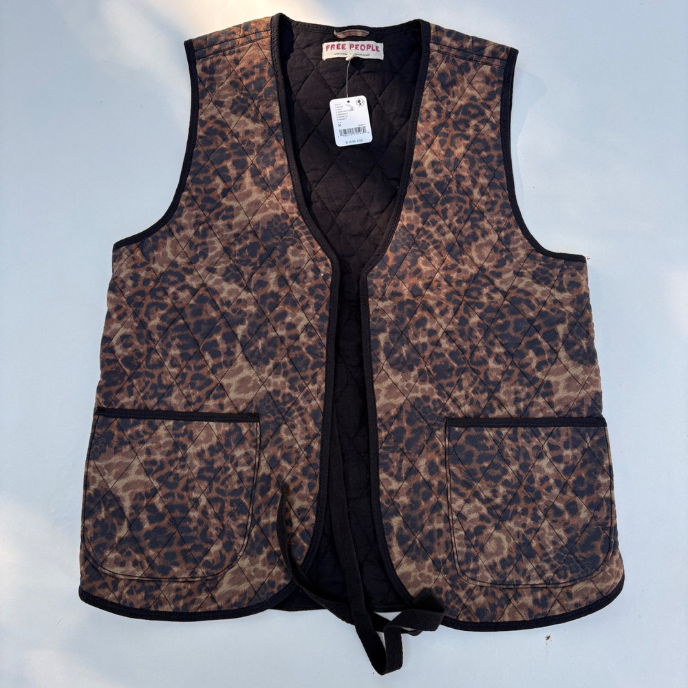 Free People Leopard Print Quilted Vest Brown Black Tie Front OB2063101 Size M
